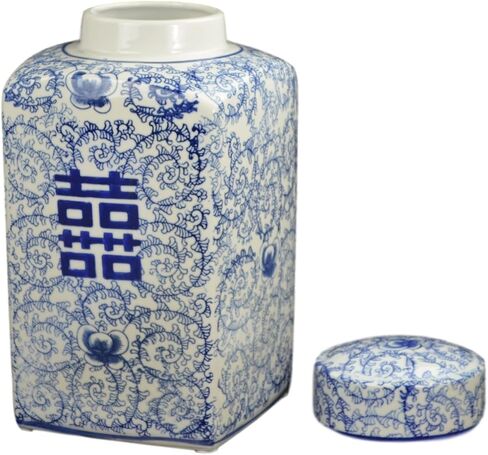 14" Classic Blue and White Porcelain Floral Temple Ginger Jar Vase, China Ming Style, Double Happiness, Chinoiserie Vase, Hexagonal Jar in Saudi Arabia