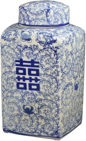 14" Classic Blue and White Porcelain Floral Temple Ginger Jar Vase, China Ming Style, Double Happiness, Chinoiserie Vase, Hexagonal Jar in Saudi Arabia