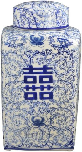 14" Classic Blue and White Porcelain Floral Temple Ginger Jar Vase, China Ming Style, Double Happiness, Chinoiserie Vase, Hexagonal Jar in Saudi Arabia