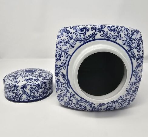 14" Classic Blue and White Porcelain Floral Temple Ginger Jar Vase, China Ming Style, Double Happiness, Chinoiserie Vase, Hexagonal Jar in Saudi Arabia