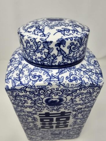 14" Classic Blue and White Porcelain Floral Temple Ginger Jar Vase, China Ming Style, Double Happiness, Chinoiserie Vase, Hexagonal Jar in Saudi Arabia