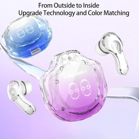 Noise Cancelling Earbuds 5.4 Bluetooth Earbuds LED Power Display Mini Crystal in-Ear Earbuds with Wireless Charging Case Touch Control Built-in Mic Headphone for Leisure/Entertainment (Classic, Blue) in Saudi Arabia