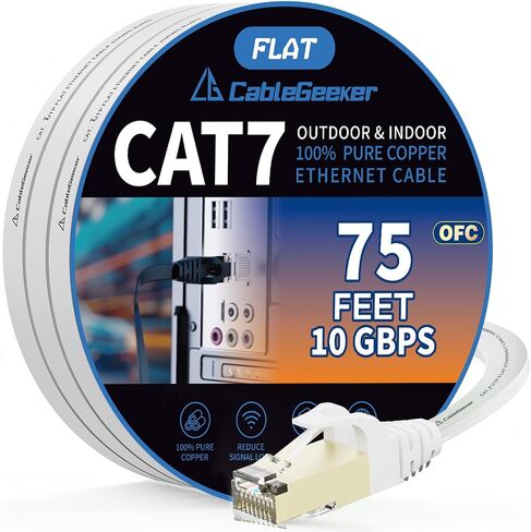 CableGeeker Cat7 Shielded Flat Ethernet Cable, 75 ft, 10Gbps, White | 600MHz, Shielded Flat Design, Gold-Plated RJ45, for Routers, Gaming Setups, Home Offices, and Space-Saving Runs Along Walls in Kuwait