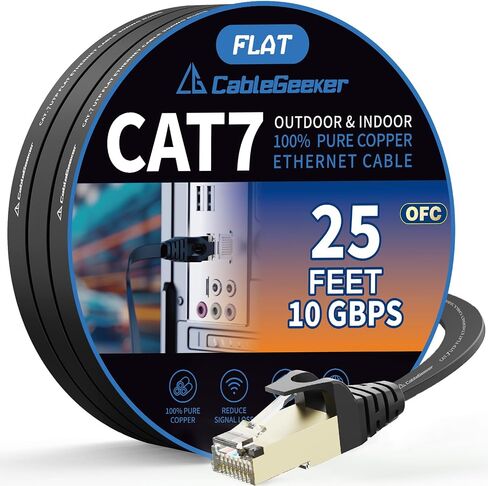 CableGeeker Cat7 Shielded Flat Ethernet Cable, 75 ft, 10Gbps, White | 600MHz, Shielded Flat Design, Gold-Plated RJ45, for Routers, Gaming Setups, Home Offices, and Space-Saving Runs Along Walls in Kuwait