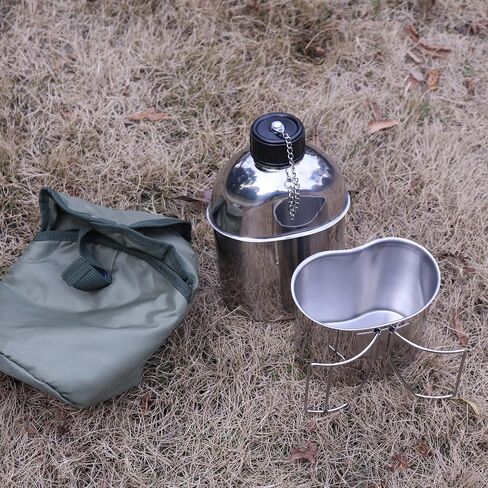 Goetland Stainless Steel WWII US Army Canteen Water Bottle Military Canteen Kit 1QT with 0.5QT Cup Nylon Pouch G.I. in Kuwait