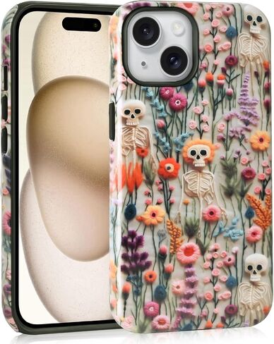 Halloween Cases for iPhone 15 Plus, Cute Kawaii Skeleton Floral Phone Cover Protective Shockproof Phone Case Skull in Kuwait
