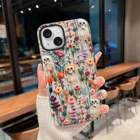 Halloween Cases for iPhone 15 Plus, Cute Kawaii Skeleton Floral Phone Cover Protective Shockproof Phone Case Skull in Kuwait
