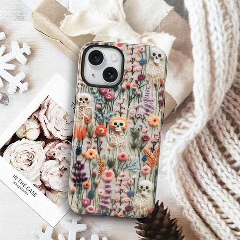 Halloween Cases for iPhone 15 Plus, Cute Kawaii Skeleton Floral Phone Cover Protective Shockproof Phone Case Skull in Kuwait