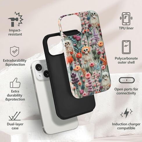 Halloween Cases for iPhone 15 Plus, Cute Kawaii Skeleton Floral Phone Cover Protective Shockproof Phone Case Skull in Kuwait