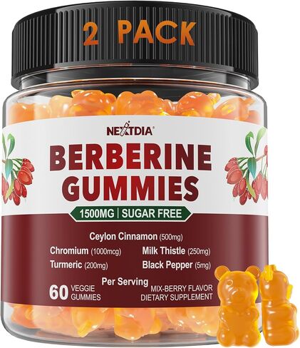 Berberine Supplement 1500mg, Sugar Free Berberine with Ceylon Cinnamon Gummies w/Chromium, Turmeric, Milk Thistle for Naturally Metabolism Balanced, Berberine HCl from Indian Barberry Extract, 60 Cts in Saudi Arabia