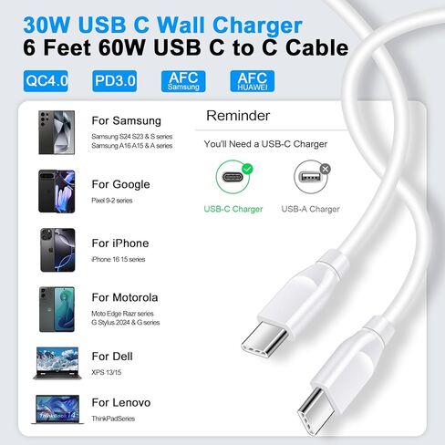 Samsung Super Fast Charger Cable for Samsung Galaxy A36 A56 A26 A16 5G S24 FE Ultra A15 A35 A25 Fold 6 30W 2 Port Samsung USB C Wall Charger Block Android Phone 6FT Samsung Charger Fast Charging Cord in Kuwait