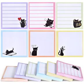 Sticky Notes 3x3 Cute Self-Stick Notes,6 Pack Funny Black Cat Notepad for Cat Lover Gift, Cute Cat Office Supplies, Easy Post Sticky Notes 480 Sheet Total