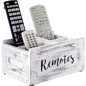 MyGift Whitewashed Wood Remote Control Holder Organizer with 4 Compartments, Media Storage Caddy with Cursive REMOTES Design