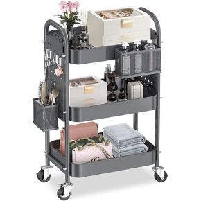 ALVOROG 3-Tier Rolling Utility Cart Movable Storage Organizer Shelves with Wheels and Hanging Cups Multifunctional Service Cart for Kitchen, Office, Coffee Bar-Black
