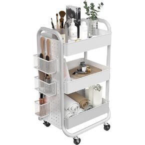DESIGNA 3-Tier Utility Storage Rolling Cart with Removable Pegboard & Extra Storage Baskets Hooks, Metal Craft Art Carts for Gift Home Office, Teal