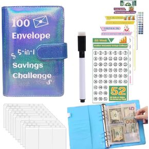 100 Envelope Challenge Binder $5050,52 Weeks Budget Binder Savings Challenge Book $10000,30 Days $500,Savings Challenges Budget Planner Binder,Cash Stuffing Envelopes Binder (2024 5-in-1 Blue)
