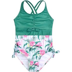 Girls One Piece Swimsuit Mermaid Flamingos Bathing Suit Drawstring Hawaii Swimwear Clothes for Kids 3-13Y
