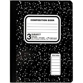 Top Flight Sewn 3-Subject Marble Composition Book, Wide Rule, 9.75 x 7.5 Inches, 120 Sheets, Black/White (11926)