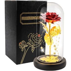 Preserved Rose Flower, Light Up Rose in Glass Dome Eternal Artificial Forever Flowers Gift for Her, Women Mother's Day Anniversary Birthday Valentine's Day, Red Rose Desktop Decoration