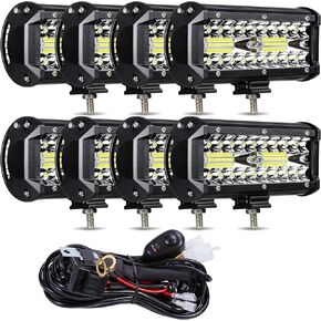 7inch LED Light Bar,4PCS 120W 24000lm LED Pods Spot&Flood Combo Off Road Driving Lights Led Work Lights truck lights fog lights with Wiring Harness for UTV ATV SUV Tractor Pickup Boat