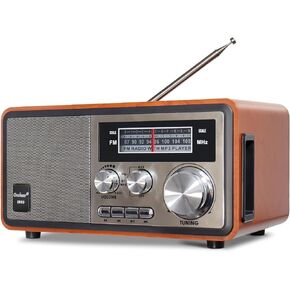 Retro Vintage Wood Bluetooth FM Home Radio, 15W Subwoofer Stereo Speaker, Battery Powered Radios with Antenna Best Reception, Support TF Card/USB Player/AUX in