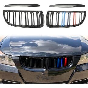 Front Kidney Grille Grill Fit for BMW E90 328i 328xi 335i 335xi 330i 330xi 320i 325xi 323i E91 Touring LCI 328i 328xi 2009-2011(Gloss Black M-Color) Double Slats