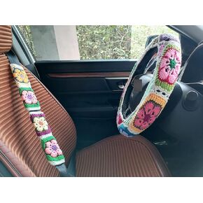 YDMCrochet Sunflower Crochet,Galsang Flower Steering Wheel Cover for Women Girl (Steering Wheel Cover+2 Seatbelt Covers)