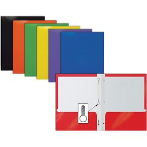 Better Office Products 2 Pocket Glossy Laminated Paper Folders with Prongs, Assorted Colors, Letter Size, Paper Portfolios with 3 Metal Prong Fasteners, Box of 25
