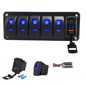 Switchtec USB-C/QC 3.0 USB Charger w/Voltmeter 5 Gang Rocker Switch Panel, Blue Backlit LED, Pre Wired Waterproof Components Boats, Marine, Mobile Home, RV, Off Road Vehicles, RV