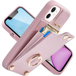 LAMEEKU متوافق مع جراب محفظة iPhone 11 مقاس 6.1 بوصة، جراب جلدي مع حامل بطاقات، [مسند حلقي يدور 360 درجة]، جراب واقٍ مزود بزر كبس RFID مصمم لهاتف Apple iPhone 11 (2019) بيج