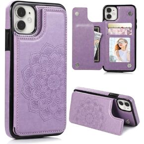 Designed for iPhone 12 Pro/iPhone 12 Wallet Case with Card Holder,Mandala Emboss PU Leather with Kickstand Credit Card Slots Magnetic Clasp Slim Flip Cover for iPhone 12/12 Pro 6.1 Inch (Purple)