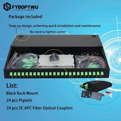 FYBOPTWU-24 Singlemode 24 Port SC-APC Rack Mount Enclosure Box & Splice Trays Fiber Cables Spool Kit (Include Pigtail & Couplers), 24 Core LGX Loaded Patch Panel Box fits for 19" Racks Cabinet in Saudi Arabia
