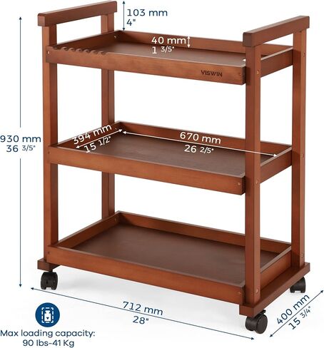 VISWIN 37" H Art Cart Storage Organizer 3-Tier, Solid Beech Wood Rolling Utility Cart with Caster Wheels, Multifunctional Art Supplies Storage Cart Organizer, Trolley for Studio, Classroom, Kitchen in Saudi Arabia