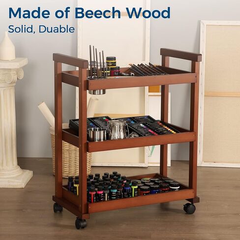VISWIN 37" H Art Cart Storage Organizer 3-Tier, Solid Beech Wood Rolling Utility Cart with Caster Wheels, Multifunctional Art Supplies Storage Cart Organizer, Trolley for Studio, Classroom, Kitchen in Saudi Arabia
