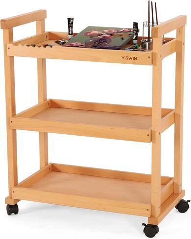 VISWIN 37" H Art Cart Storage Organizer 3-Tier, Solid Beech Wood Rolling Utility Cart with Caster Wheels, Multifunctional Art Supplies Storage Cart Organizer, Trolley for Studio, Classroom, Kitchen in Saudi Arabia