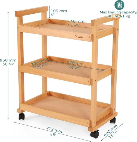 VISWIN 37" H Art Cart Storage Organizer 3-Tier, Solid Beech Wood Rolling Utility Cart with Caster Wheels, Multifunctional Art Supplies Storage Cart Organizer, Trolley for Studio, Classroom, Kitchen in Saudi Arabia
