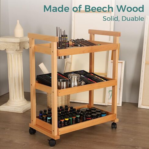 VISWIN 37" H Art Cart Storage Organizer 3-Tier, Solid Beech Wood Rolling Utility Cart with Caster Wheels, Multifunctional Art Supplies Storage Cart Organizer, Trolley for Studio, Classroom, Kitchen in Saudi Arabia