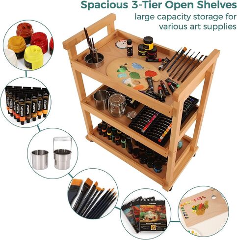 VISWIN 37" H Art Cart Storage Organizer 3-Tier, Solid Beech Wood Rolling Utility Cart with Caster Wheels, Multifunctional Art Supplies Storage Cart Organizer, Trolley for Studio, Classroom, Kitchen in Saudi Arabia