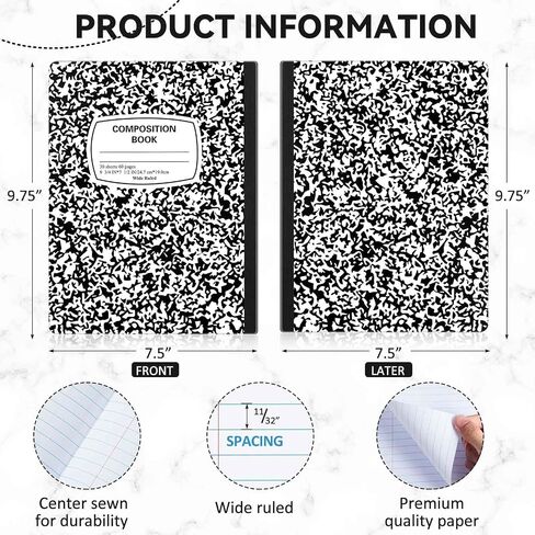 Lewtemi 8 Pcs Left Handed Composition Notebooks Lefty Composition Notebook Wide Ruled 9.75 x 7.5 Inch Left Handed Journal Left Handed Gifts for Lefties Writer Student, Black and White Marble Cover in Saudi Arabia