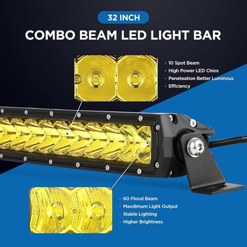 BIGLION.X شريط ضوء LED كهرماني 32 بوصة مجموعة فيضان بقعة صف واحد للطرق الوعرة شريط ضوء كهرماني للقيادة مقاوم للماء IP68 12 فولت 24 فولت للشاحنات الصغيرة والقوارب SUV UTV الطرق الوعرة 4WD in Kuwait