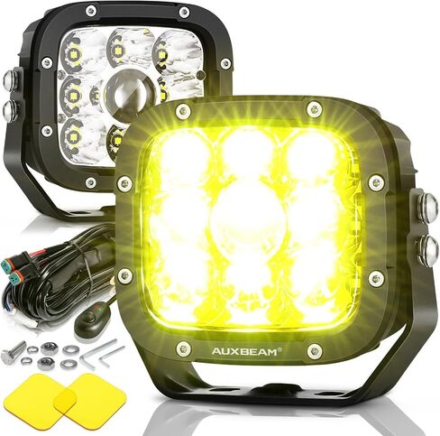 Auxbeam 5 Inch LED Driving Lights with Amber Covers, 110W Super Bright Offroad Spot Lights Square LED Pods Cube Light Bar Amber Yellow Fog Lights for Truck Jeep Polaris GMC Ford Bumper, 2PCS in Kuwait