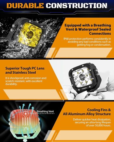 Auxbeam 5 Inch LED Driving Lights with Amber Covers, 110W Super Bright Offroad Spot Lights Square LED Pods Cube Light Bar Amber Yellow Fog Lights for Truck Jeep Polaris GMC Ford Bumper, 2PCS in Kuwait