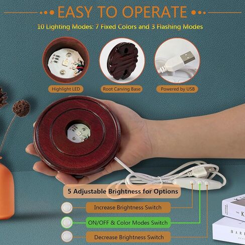 قاعدة عرض LED خشبية منحوتة للجذور، 10 ألوان متغيرة 4.5 بوصة، قاعدة خشبية مستديرة مضاءة، قاعدة عرض لقاعدة عرض تمثال كريستال ثلاثي الأبعاد، حامل كرة فنية من الراتنج الزجاجي in Kuwait