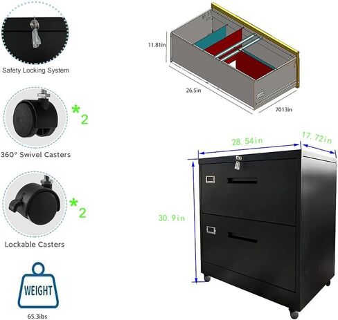 Metal Mobile 2-Drawer Storage Cabinet with Lock and Wheels,Vertical File Cabinet,Filing Cabinet for Home Office (Black) in Saudi Arabia