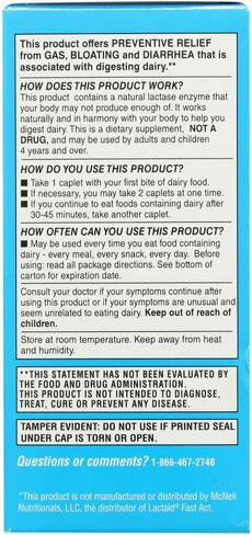 Rite Aid Fast Acting Dairy Relief Lactase Enzyme - 125 Caplets |Lactose Intolerance Pills | Digestive Enzyme Supplements in Kuwait