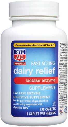 Rite Aid Fast Acting Dairy Relief Lactase Enzyme - 125 Caplets |Lactose Intolerance Pills | Digestive Enzyme Supplements in Kuwait