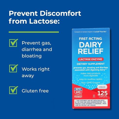 Rite Aid Fast Acting Dairy Relief Lactase Enzyme - 125 Caplets |Lactose Intolerance Pills | Digestive Enzyme Supplements in Kuwait