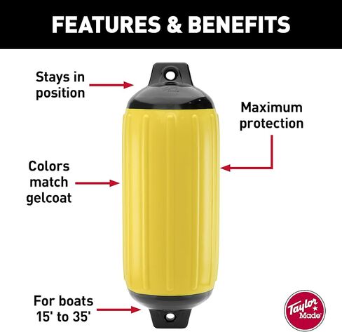 Taylor Made Super Gard Inflatable Vinyl Boat Fender 6.5" x 22", Double-Molded Ends, Fits 5/8" Lines, for Boats 15-35', Ribbed Design, Rubber Football Needle Inflation, Yellow - 2020108281 in Saudi Arabia