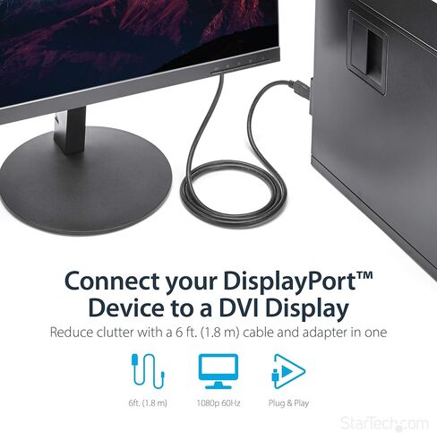 StarTech 10ft Passive DisplayPort to DVI-D Cable, 1920x1200 (DP2DVIMM10) | DP 1.2 HBR2, Single-link, HDCP, Passive, 1080p 60Hz, EDID pass-through, Non-latching DP, 1080p video, DVI-D monitor cable in Saudi Arabia
