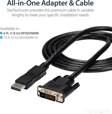 StarTech 10ft Passive DisplayPort to DVI-D Cable, 1920x1200 (DP2DVIMM10) | DP 1.2 HBR2, Single-link, HDCP, Passive, 1080p 60Hz, EDID pass-through, Non-latching DP, 1080p video, DVI-D monitor cable in Saudi Arabia